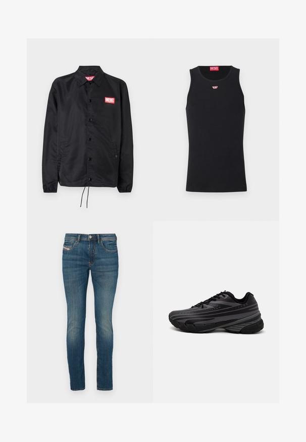 Chaqueta negra hecha de un material suave y ligero, con cierre de botones en el frente, puños elásticos, bolsillos laterales y un parche con el logo rojo de Diesel.; Camiseta sin mangas de algodón negra con cuello redondo. Pequeño logo rojo de Diesel bordado en el pecho. Textura suave, forma ajustada.; Pantalones vaqueros de mezclilla azul con un ajuste slim, que cuentan con un cierre de botón, diseño clásico de cinco bolsillos y un ligero desgaste a lo largo de las piernas para un aspecto usado.; Zapatilla de running negra con parte superior texturizada que presenta franjas grises. Suela gruesa para amortiguación, puntera redonda y cordones planos para un ajuste seguro.