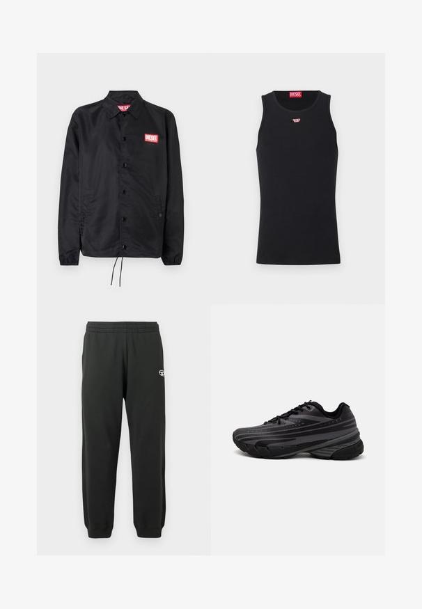 Zwarte jack van soepel, lichtgewicht materiaal, met een knoopsluiting, elastische manchetten, zijzakken en een rood Diesel logo patch.; Zwarte tanktop van gladde stof, met een ronde hals, armsgaten en een klein rood logo op de borst. Eenvoudig ontwerp, zonder mouwen.; Zwarte trainingsbroek van zachte, rekbare stof met een elastische tailleband en geribbelde boorden. Bevat een klein logo op de dij.; Zwarte hardloopschoen met een gestructureerde bovenkant met grijze strepen. Dikke zool voor demping, ronde neus en platte veters voor een veilige pasvorm.