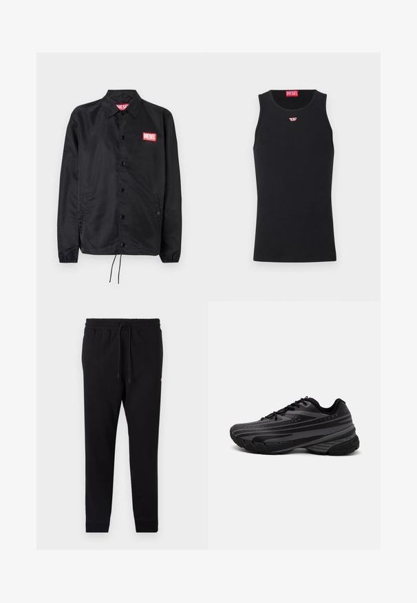 Zwarte jack van soepel, lichtgewicht materiaal, met een knoopsluiting, elastische manchetten, zijzakken en een rood Diesel logo patch.; Zwarte tanktop van gladde stof, met een ronde hals, armsgaten en een klein rood logo op de borst. Eenvoudig ontwerp, zonder mouwen.; Zwarte sweatpants van zacht materiaal, uitgerust met een elastische tailleband met trekkoord, taps toelopende pijpen en ribgebreide boorden.; Zwarte hardloopschoen met een gestructureerde bovenkant met grijze strepen. Dikke zool voor demping, ronde neus en platte veters voor een veilige pasvorm.