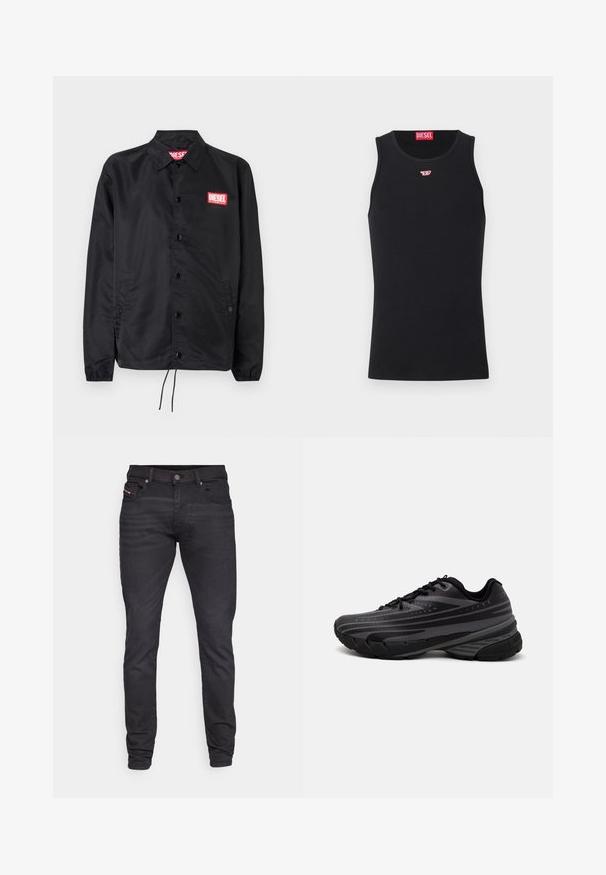 Črna jakna iz gladkega, lahkega materiala, z gumbnim zapiranjem, elastičnimi manšetami, stranskimi žepi in rdečim logotipom Diesel.; Črn top z gladkega materiala, ki ima okroglo izrezano ovratnik, rokavske odprtine in majhen rdeč logotip na prsih. Preprost dizajn, brez rokavov.; Tanke črne kavbojke z gladko teksturo, pet žepov, zanke za pas in kovinsko zapiranje. Imajo subtilno blagovno znamko na sprednjem žepu.; Črne tekaške copate z teksturiranim zgornjim delom, ki ima sive črte. Debel podplat za blaženje udarcev, okrogla konica in ravne vezalke za varen oprijem.