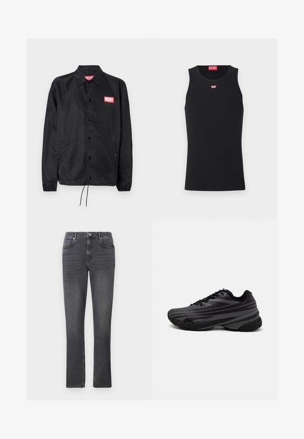 Črna jakna iz gladkega, lahkega materiala, z gumbnim zapiranjem, elastičnimi manšetami, stranskimi žepi in rdečim logotipom Diesel.; Črn top z gladkega materiala, ki ima okroglo izrezano ovratnik, rokavske odprtine in majhen rdeč logotip na prsih. Preprost dizajn, brez rokavov.; Sive jeans s straight fit-om, pet šeširjem, in subtilnimi šivi. Tkanina ima gladko teksturo.; Črne tekaške copate z teksturiranim zgornjim delom, ki ima sive črte. Debel podplat za blaženje udarcev, okrogla konica in ravne vezalke za varen oprijem.
