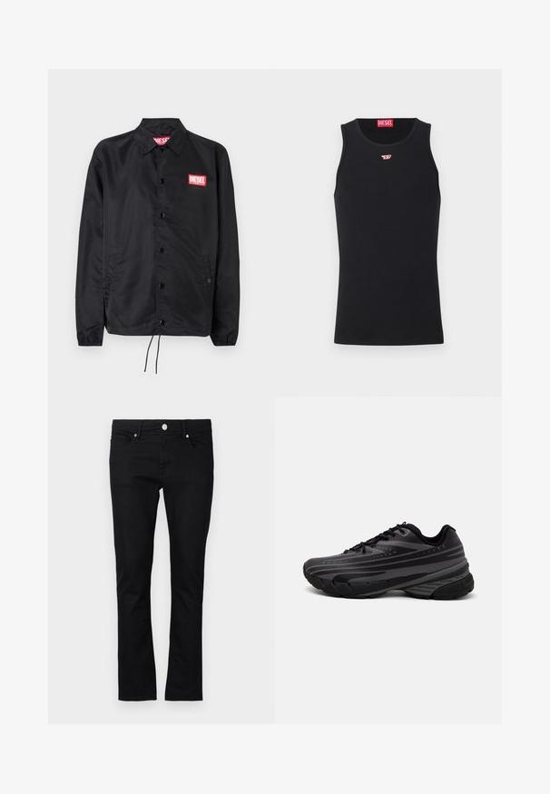 Crna jakna od glatkog, laganog materijala, s prednjim kopčanjem na dugmad, elastičnim manžetama, bočnim džepovima i crvenim Diesel logotipom.; Crna majica bez rukava od glatkog materijala, s okruglim izrezom, izrezima za ruke i malim crvenim logotipom na prsima. Jednostavan dizajn, bez rukava.; Crne traperice od denima slim fit kroja, ravnih nogavica, pet džepnog stila, s metalnim zatvaračem, koje sadrže minimalne detalje šivanja.; Crna tenisica za trčanje s teksturiranim gornjim dijelom koji ima sive pruge. Debeli potplat za amortizaciju, okrugli vrh i ravne vezice za sigurno pristajanje.