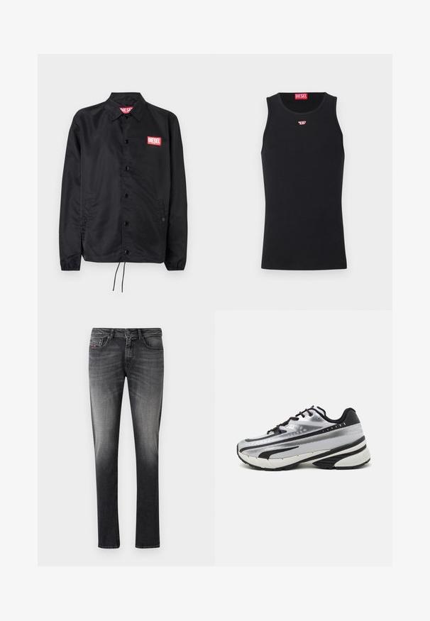 Chaqueta negra hecha de un material suave y ligero, con cierre de botones en el frente, puños elásticos, bolsillos laterales y un parche con el logo rojo de Diesel.; Camiseta sin mangas de algodón negra con cuello redondo. Pequeño logo rojo de Diesel bordado en el pecho. Textura suave, forma ajustada.; Jeans de denim gris oscuro con un degradado que se desvanece a gris más claro. Presenta un diseño clásico de cinco bolsillos y cierre frontal con botón. Textura suave.; Zapatilla de running con parte superior de malla plateada, acentos negros y suela blanca. Presenta un diseño texturizado y cordones negros. Ligera y acolchada.