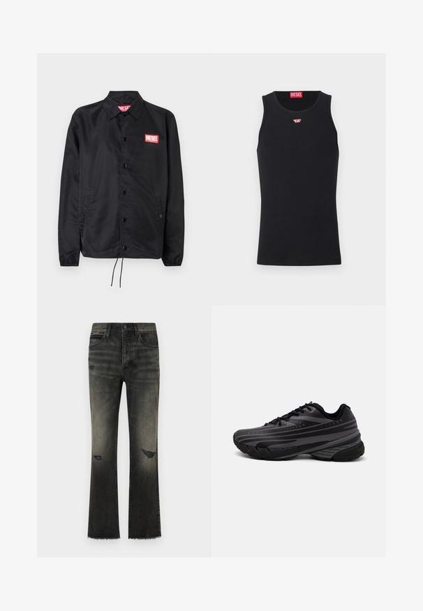 Jachetă neagră dintr-un material neted și ușor, cu închidere prin butoane, manșete elastice, buzunare laterale și o etichetă roșie cu logo-ul Diesel.; Top negru fără mâneci, confecționat dintr-un material neted, cu un guler rotund, decupaje pentru brațe și un mic logo roșu pe piept. Design simplu, fără mâneci.; Jeans negri din denim cu un finisaj decolorat, uzură vizibilă și tiv destrămat. Prezentă un stil clasic cu cinci buzunare și închidere cu nasture metalic.; Pantof de alergare negru cu un superior texturat, având dungi gri. Talpă groasă pentru amortizare, vârf rotund și șireturi plate pentru o potrivire sigură.