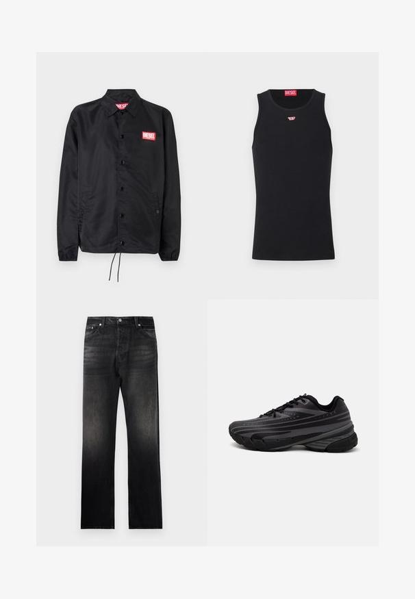 Veste noire en matériau lisse et léger, avec un devant à boutons, des poignets élastiques, des poches latérales et un patch logo rouge Diesel.; Débardeur noir en tissu lisse, avec un col rond, des emmanchures et un petit logo rouge sur la poitrine. Design simple, sans manches.; Jean en denim noir avec une coupe droite, présentant un effet dégradé usé, un design à cinq poches et des accents en métal.; Baskets de course noires avec une tige texturée comportant des rayures grises. Semelle épaisse pour un bon amorti, bout rond et lacets plats pour un maintien sécurisé.
