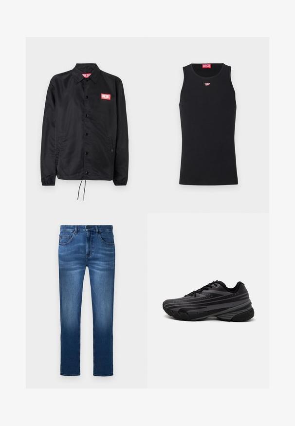Jaqueta preta feita de material suave e leve, com fecho de botão na frente, punhos elásticos, bolsos laterais e um patch do logótipo vermelho da Diesel.; Camisola preta sem mangas feita de tecido suave, com decote redondo, aberturas para os braços e um pequeno logótipo vermelho no peito. Design simples.; Jeans azul-escuro em tecido denim, com cinco bolsos, fecho de zip e um design de perna reta, com um ligeiro desgaste nas coxas.; Shoe de corrida preta com um cabedal texturizado apresentando riscas cinzentas. Sola grossa para amortecimento, bico redondo e atacadores planos para um ajuste seguro.