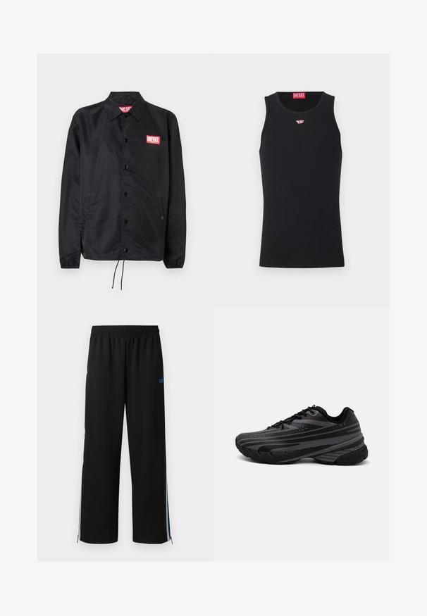 Melnā jaka no gludas, vieglas materiāla, ar pogu aizdari, elastīgām piedurknēm, sānu kabatām un sarkanu Diesel logo uzšuvumu.; Melna bezmaku topa blūze, izgatavota no gludas auduma, ar apaļu kakla izgriezumu, rokām un nelielu sarkanu logotipu uz krūtīm. Vienkāršs dizains, bez piedurknēm.; Melnas sporta bikses ar elastīgu jostu, sānu rāvējslēdzējiem un ziliem akcentiem ārējās šuvēs. Gluda auduma taisnās kājas dizains.; Melnas skriešanas kurpes ar teksturētu virsu, kurai ir pelēkas svītras. Biezs zole nodrošina amortizāciju, apaļa purngalu un plakanas šņorītes, lai nodrošinātu drošu piegulšanu.