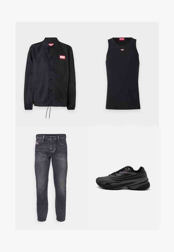 Jaqueta preta feita de material suave e leve, com fecho de botão na frente, punhos elásticos, bolsos laterais e um patch do logótipo vermelho da Diesel.; Camisola preta sem mangas feita de tecido suave, com decote redondo, aberturas para os braços e um pequeno logótipo vermelho no peito. Design simples.; Calças de ganga cinza escuro para homem em corte reto, com fecho de botão e zíper, cinco bolsos e detalhes de desvanecimento sutis no tecido.; Shoe de corrida preta com um cabedal texturizado apresentando riscas cinzentas. Sola grossa para amortecimento, bico redondo e atacadores planos para um ajuste seguro.