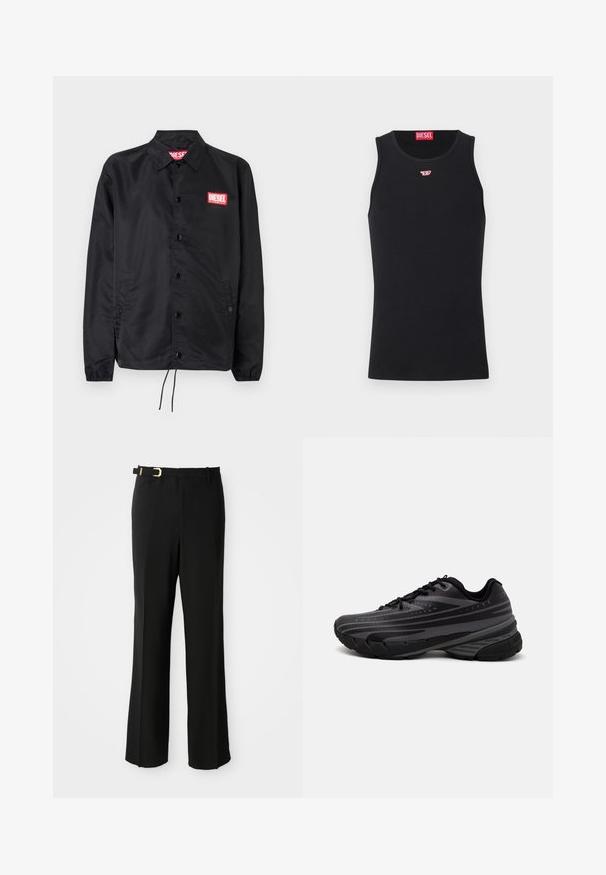 Black jacket made of smooth, lightweight material, featuring a button front, elastic cuffs, side pockets, and a red Diesel logo patch.; Black tank top made of smooth fabric, featuring a round neckline, armholes, and a small red logo on the chest. Simple design, sleeveless.; Black trousers with a tailored fit, featuring a flat front, belt loops, a sleek silhouette, and a gold buckle accent on the belt.; Black running shoe with a textured upper featuring gray stripes. Thick sole for cushioning, round toe, and flat laces for secure fit.