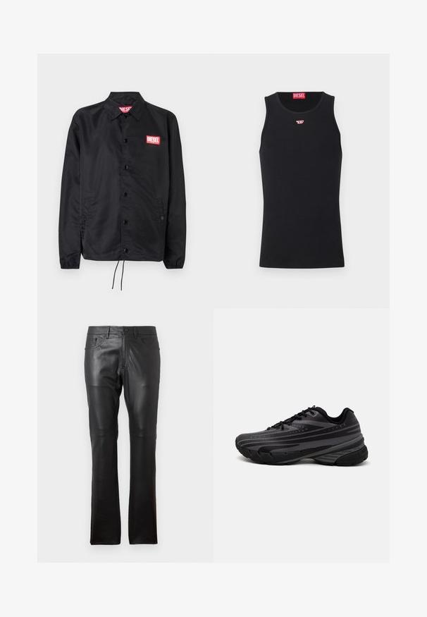Zwarte jack van soepel, lichtgewicht materiaal, met een knoopsluiting, elastische manchetten, zijzakken en een rood Diesel logo patch.; Zwarte tanktop van gladde stof, met een ronde hals, armsgaten en een klein rood logo op de borst. Eenvoudig ontwerp, zonder mouwen.; Zwarte leren broek met een slim fit, voorzien van een standaard vijf-pocket ontwerp, riemlussen en een knoopsluiting aan de voorkant. Gladde textuur, rechte pijpen.; Zwarte hardloopschoen met een gestructureerde bovenkant met grijze strepen. Dikke zool voor demping, ronde neus en platte veters voor een veilige pasvorm.