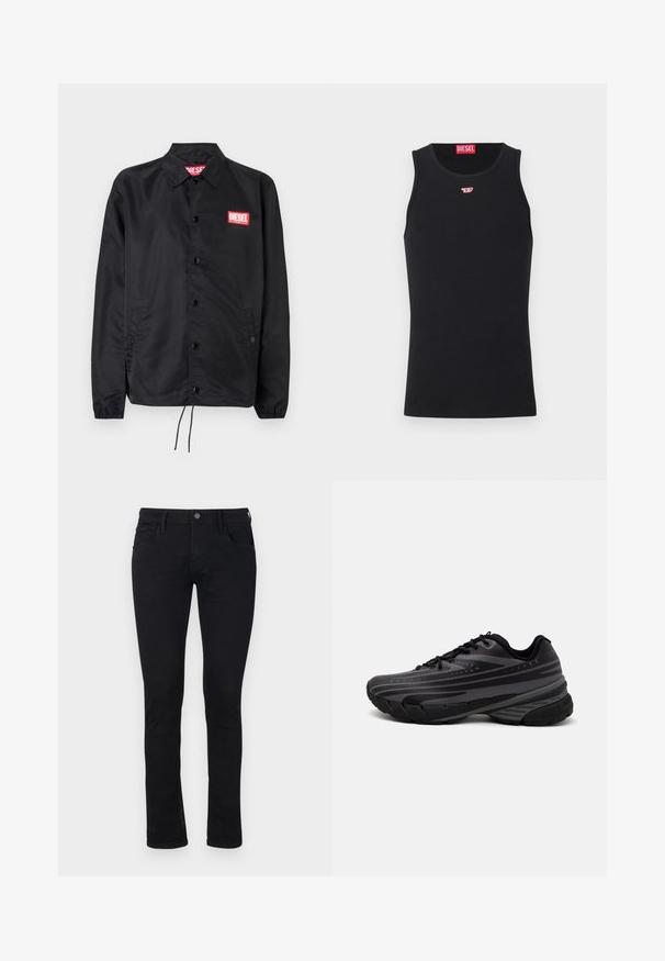 Čierna bunda vyrobená z hladkého, ľahkého materiálu, s predným zapínaním na gombíky, elastickými manžetami, bočnými vreckami a červeným logom Diesel na nášivke.; Čierny bavlnený tielko s okrúhlym výstrihom a bezrukávovým strihom. Malé červené logo Diesel našité na hrudi. Hladká textúra, priliehavý strih.; Čierne slim-fit džínsy vyrobené z denimu s hladkým texturem. Obsahujú päť vreciek a zips s gombíkovým zapínaním v páse.; Čierna bežecká obuv s textúrovaným zvrškom, ktorý má šedé pruhy. Hrubá podrážka pre odpruženie, okrúly špička a ploché šnúrky na bezpečné uchytenie.