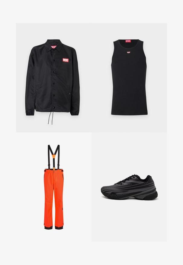 Zwarte jack van soepel, lichtgewicht materiaal, met een knoopsluiting, elastische manchetten, zijzakken en een rood Diesel logo patch.; Zwarte tanktop van gladde stof, met een ronde hals, armsgaten en een klein rood logo op de borst. Eenvoudig ontwerp, zonder mouwen.; Oranje waterdichte skibroek met verstelbare zwarte bretels, ritszakken en zwarte accenten bij de boorden. Duurzaam materiaal, rechte pijpen.; Zwarte hardloopschoen met een gestructureerde bovenkant met grijze strepen. Dikke zool voor demping, ronde neus en platte veters voor een veilige pasvorm.