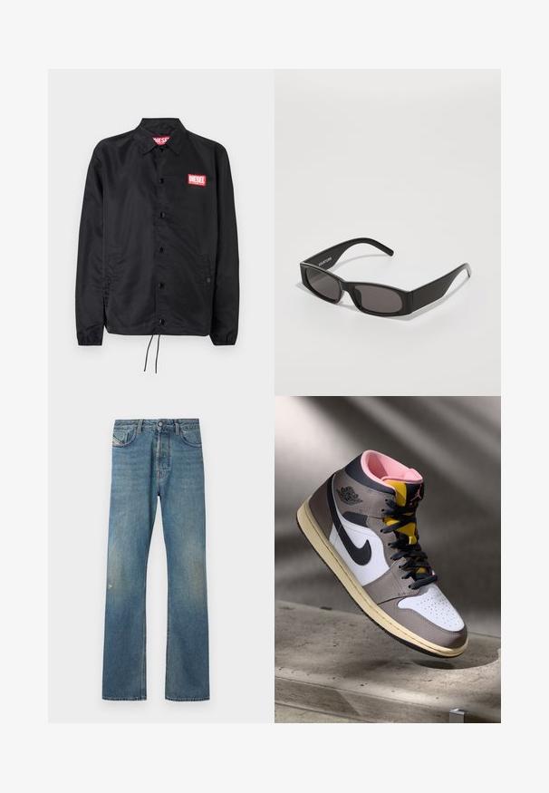 Chaqueta negra hecha de un material suave y ligero, con cierre de botones en el frente, puños elásticos, bolsillos laterales y un parche con el logo rojo de Diesel.; Camisa sin mangas negra de tela suave, con un escote redondo y sisas, y un pequeño logo rojo en el pecho. Diseño sencillo, sin mangas.; Jeans de mezclilla azul con un diseño de pierna recta, que presentan un ligero desvanecimiento, bolsillos frontales y un cierre de botón en la cintura.; Zapatilla alta Nike Air Jordan en blanco, gris y negro, con interior rosa y lengüeta amarilla, colocada sobre una superficie de concreto.; Gafas de sol rectangulares negras con lentes oscuros, una montura de plástico suave y un logo sutil en el brazo izquierdo. Diseño minimalista.