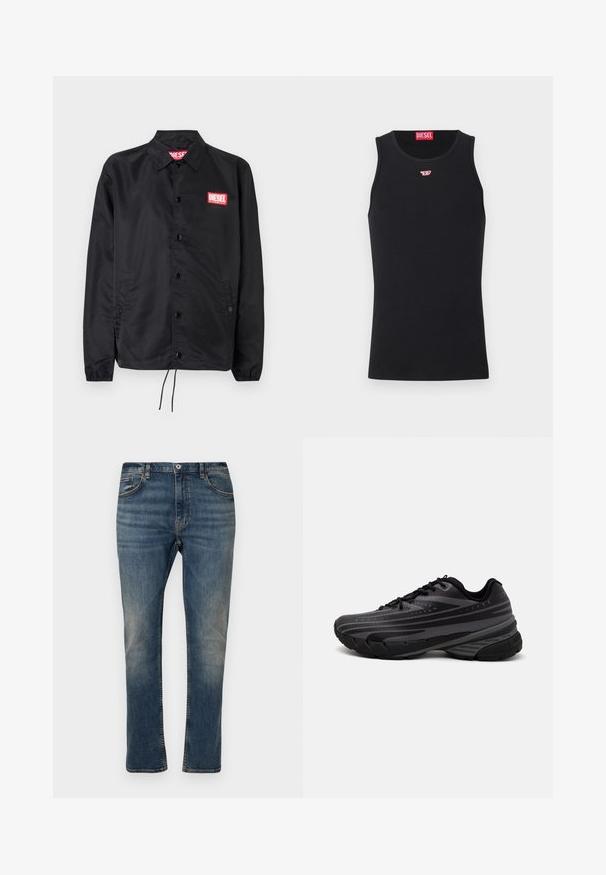 Must must, misasest kergest ja siledast materjalist, nupuvälinge, elastsete mansettide, küljetaskute ning punase Diesel logo plaastriga.; Mustmust särgid, mis on valmistatud siledast kangast, ümmarguse kaelusega, käeaukudega ja väikese punase logoga rinnal. Lihtne disain, ilma varrukateta.; Tumedast sinisest denimist teksad, mis on sirge lõikega, viie taskuga disainiga, nööbiga ja tõmblukuga, peente pleekimise ja õmblusdetailidega.; Mustad musta jooksujalats, mille tekstureeritud ülemine osa on hallide triipudega. Paks tallaga mugavuse tagamiseks, ümar varvas ja tasased paelad kindla istuvuse saavutamiseks.