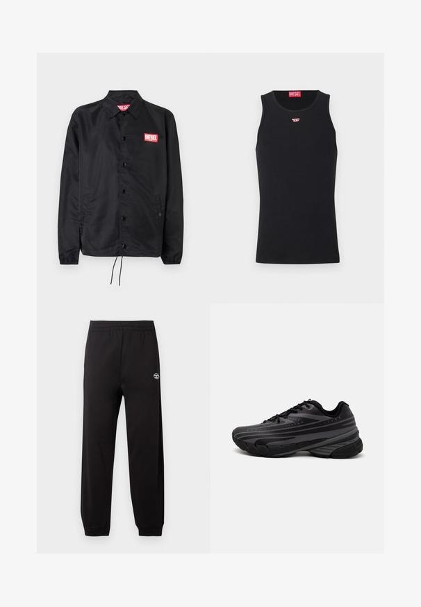 Μαύρο μπουφάν από λείο, ελαφρύ ύφασμα, με μπροστινό κουμπί, ελαστικούς καρπούς, πλαϊνές τσέπες και κόκκινη ετικέτα λογότυπου Diesel.; Μαύρο αμάνικο μπλουζάκι από απαλό ύφασμα, με στρογγυλή λαιμόκοψη, ανοιχτές μανικέτες και ένα μικρό κόκκινο λογότυπο στο στήθος. Απλός σχεδιασμός, χωρίς μανίκια.; Μαύρες φόρμες με ελαστική μέση, στενές στο κάτω μέρος και μικρό λευκό λογότυπο στην αριστερή πλευρά. Το ύφασμα έχει λεία υφή.; Μαύρο αθλητικό παπούτσι με υφή στο άνω μέρος που διαθέτει γκρι ρίγες. Παχύ πέλμα για απορρόφηση κραδασμών, στρογγυλή μύτη και επίπεδα κορδόνια για ασφαλή εφαρμογή.