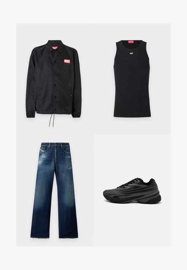 Črna jakna iz gladkega, lahkega materiala, z gumbnim zapiranjem, elastičnimi manšetami, stranskimi žepi in rdečim logotipom Diesel.; Črna bombažna majica brez rokavov z okroglim izrezom. Majhna rdeča logo Diesel je prišita na prsih. Gladka tekstura, prilegan obliko.; S širokimi nogami, temno modri jeans z zbledelimi območji, poškodovanimi detajli in raztrganimi robovi. Ima štiri žepe in gumbasto zapiranje.; Črne tekaške copate z teksturiranim zgornjim delom, ki ima sive črte. Debel podplat za blaženje udarcev, okrogla konica in ravne vezalke za varen oprijem.