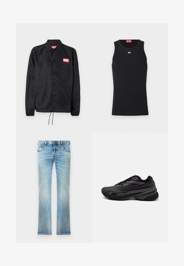 Jaqueta preta feita de material suave e leve, com fecho de botão na frente, punhos elásticos, bolsos laterais e um patch do logótipo vermelho da Diesel.; Top de algodão preto com decote redondo e sem mangas. Pequeno logótipo vermelho da Diesel bordado no peito. Textura suave, forma ajustada.; Botas de ganga azul claro com corte reto, design de cinco bolsos e ligeira descoloração. Inclui fecho de botão metálico e zip.; Shoe de corrida preta com um cabedal texturizado apresentando riscas cinzentas. Sola grossa para amortecimento, bico redondo e atacadores planos para um ajuste seguro.
