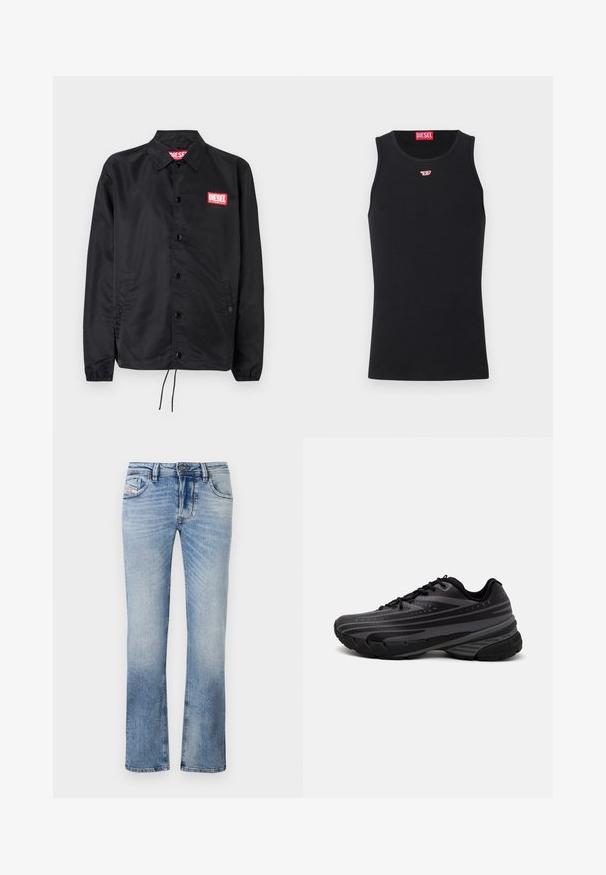 Chaqueta negra hecha de un material suave y ligero, con cierre de botones en el frente, puños elásticos, bolsillos laterales y un parche con el logo rojo de Diesel.; Camisa sin mangas negra de tela suave, con un escote redondo y sisas, y un pequeño logo rojo en el pecho. Diseño sencillo, sin mangas.; Vaqueros de mezclilla de color azul claro con un diseño de pierna recta, que cuentan con bolsillos delanteros, cierre de cremallera y un ligero desgastado en toda la tela.; Zapatilla de running negra con parte superior texturizada que presenta franjas grises. Suela gruesa para amortiguación, puntera redonda y cordones planos para un ajuste seguro.