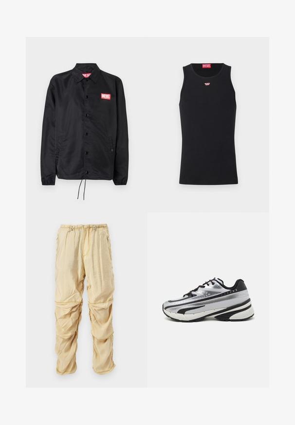 Fekete dzseki sima, könnyű anyagból, gombos elülső résszel, rugalmas mandzsettákkal, oldalsó zsebekkel és egy piros Diesel logós folttal.; Fekete ujjatlan trikó sima anyagból, kerek nyakrésszel, karöltőkkel és egy kis vörös logóval a mellkason. Egyszerű dizájn, ujjatlan.; Világos bézs nylon cargo nadrág állítható húzózsinórral a deréknál és cipzáras zsebekkel, gyűrött, rétegezett anyagrészletekkel tervezve.; Futócipő ezüst hálós felsőrésszel, fekete részletekkel és fehér talppal. Texturált mintázattal és fekete fűzővel rendelkezik. Könnyű és párnázott.
