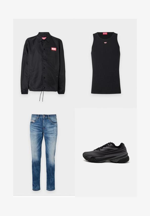 Črna jakna iz gladkega, lahkega materiala, z gumbnim zapiranjem, elastičnimi manšetami, stranskimi žepi in rdečim logotipom Diesel.; Črn top z gladkega materiala, ki ima okroglo izrezano ovratnik, rokavske odprtine in majhen rdeč logotip na prsih. Preprost dizajn, brez rokavov.; Modre jeans z denima s ravnim krojem, zbledelim videzom, petimi žepi in kovinsko zaponko za zapiranje. Mehak otip z minimalnimi detajli.; Črne tekaške copate z teksturiranim zgornjim delom, ki ima sive črte. Debel podplat za blaženje udarcev, okrogla konica in ravne vezalke za varen oprijem.