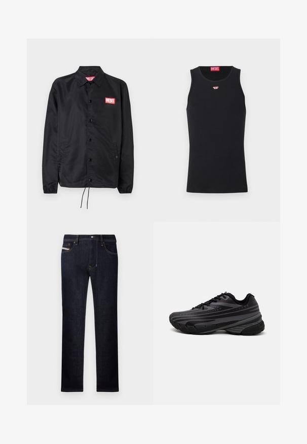 Chaqueta negra hecha de un material suave y ligero, con cierre de botones en el frente, puños elásticos, bolsillos laterales y un parche con el logo rojo de Diesel.; Camiseta sin mangas de algodón negra con cuello redondo. Pequeño logo rojo de Diesel bordado en el pecho. Textura suave, forma ajustada.; Vaqueros de denim azul oscuro con diseño de pierna recta, que cuentan con cinco bolsillos, un cierre de botón y acentos de costura en contraste.; Zapatilla de running negra con parte superior texturizada que presenta franjas grises. Suela gruesa para amortiguación, puntera redonda y cordones planos para un ajuste seguro.