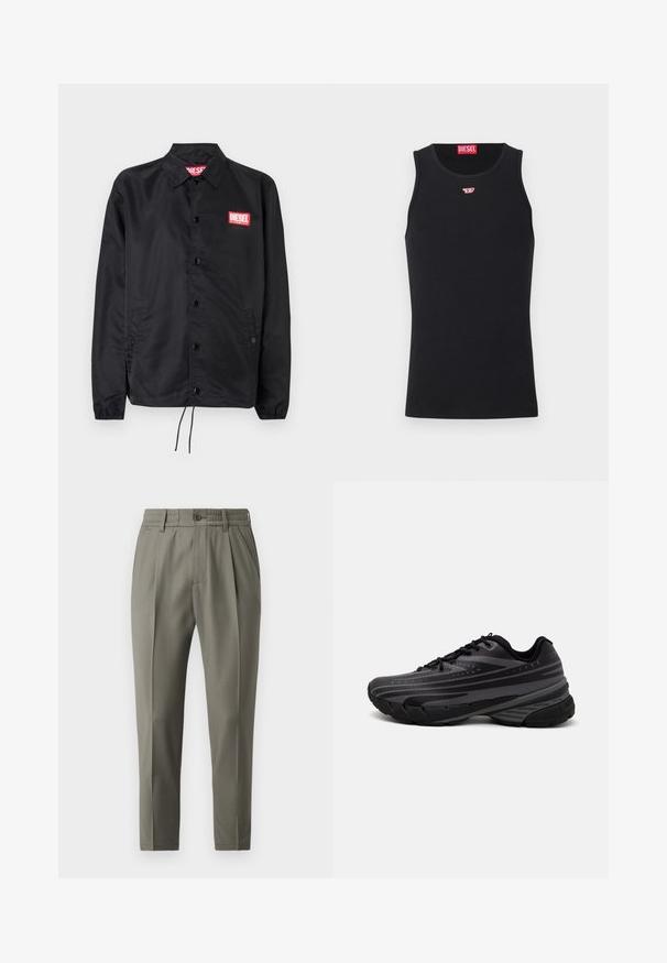 Veste noire en matériau lisse et léger, avec un devant à boutons, des poignets élastiques, des poches latérales et un patch logo rouge Diesel.; Débardeur noir en tissu lisse, avec un col rond, des emmanchures et un petit logo rouge sur la poitrine. Design simple, sans manches.; Pantalons beiges ajustés avec une coupe droite, dotés d'une fermeture à bouton, de plis à l'avant et d'une taille élastique pour plus de confort.; Baskets de course noires avec une tige texturée comportant des rayures grises. Semelle épaisse pour un bon amorti, bout rond et lacets plats pour un maintien sécurisé.