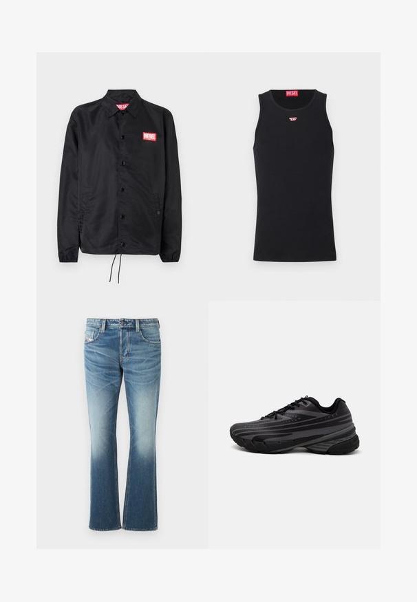 Veste noire en matériau lisse et léger, avec un devant à boutons, des poignets élastiques, des poches latérales et un patch logo rouge Diesel.; Débardeur en coton noir au design sans manches et col rond. Petit logo rouge Diesel cousu sur la poitrine. Texture lisse, coupe ajustée.; Jean en denim bleu avec un design évasé, présentant un lavage délavé, cinq poches et des coutures contrastantes. Fermeture par bouton à la taille.; Baskets de course noires avec une tige texturée comportant des rayures grises. Semelle épaisse pour un bon amorti, bout rond et lacets plats pour un maintien sécurisé.