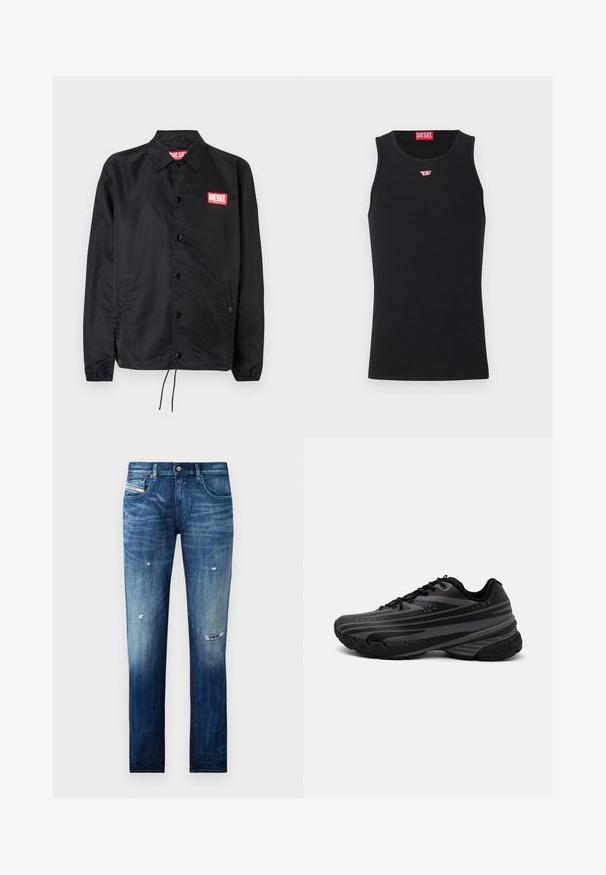 Giacca nera realizzata in materiale liscio e leggero, con chiusura a bottoni, polsini elasticizzati, tasche laterali e una patch con il logo rosso Diesel.; Top senza maniche nero realizzato in tessuto liscio, con scollatura rotonda e aperture per le braccia, e un piccolo logo rosso sul petto. Design semplice.; Jeans in denim blu scuro con dettagli sbiaditi e invecchiati. Presentano un classico design a cinque tasche, zip e chiusura con bottone in metallo.; Scarpa da corsa nera con un upper testurizzato e strisce grigie. Suola spessa per un'ammortizzazione ottimale, punta rotonda e lacci piatti per una vestibilità sicura.