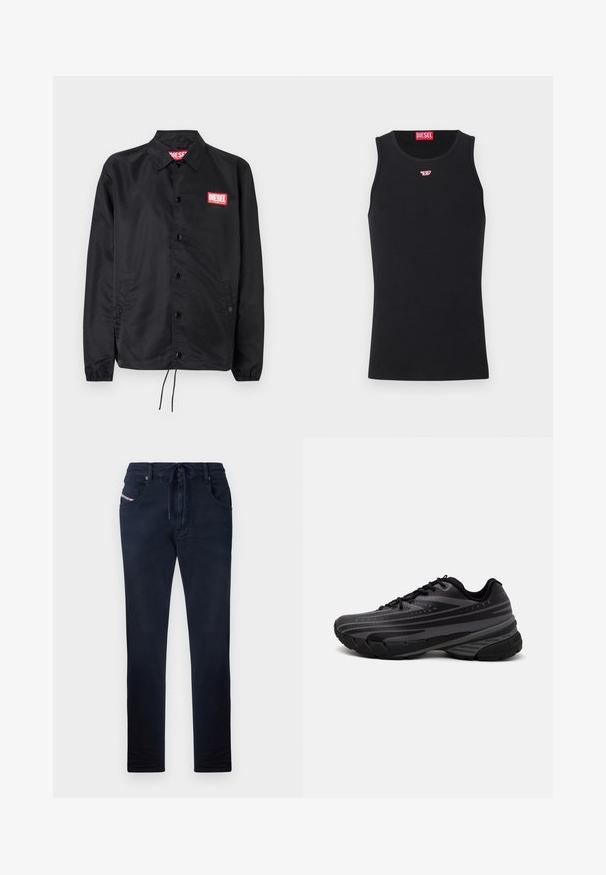 Jaqueta preta feita de material suave e leve, com fecho de botão na frente, punhos elásticos, bolsos laterais e um patch do logótipo vermelho da Diesel.; Camisola preta sem mangas feita de tecido suave, com decote redondo, aberturas para os braços e um pequeno logótipo vermelho no peito. Design simples.; Calças azul marinho com cintura elástica, corte reto, dois bolsos frontais e detalhe do logótipo discreto no bolso esquerdo. Textura suave.; Shoe de corrida preta com um cabedal texturizado apresentando riscas cinzentas. Sola grossa para amortecimento, bico redondo e atacadores planos para um ajuste seguro.