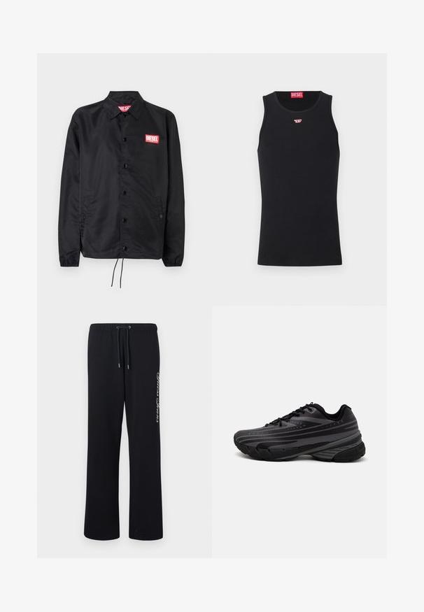 Jaqueta preta feita de material suave e leve, com fecho de botão na frente, punhos elásticos, bolsos laterais e um patch do logótipo vermelho da Diesel.; Camisola preta sem mangas feita de tecido suave, com decote redondo, aberturas para os braços e um pequeno logótipo vermelho no peito. Design simples.; Calças de moletão pretas feitas de material macio, com uma cintura elástica e um cordão. Apresenta texto impresso em branco de um lado.; Shoe de corrida preta com um cabedal texturizado apresentando riscas cinzentas. Sola grossa para amortecimento, bico redondo e atacadores planos para um ajuste seguro.
