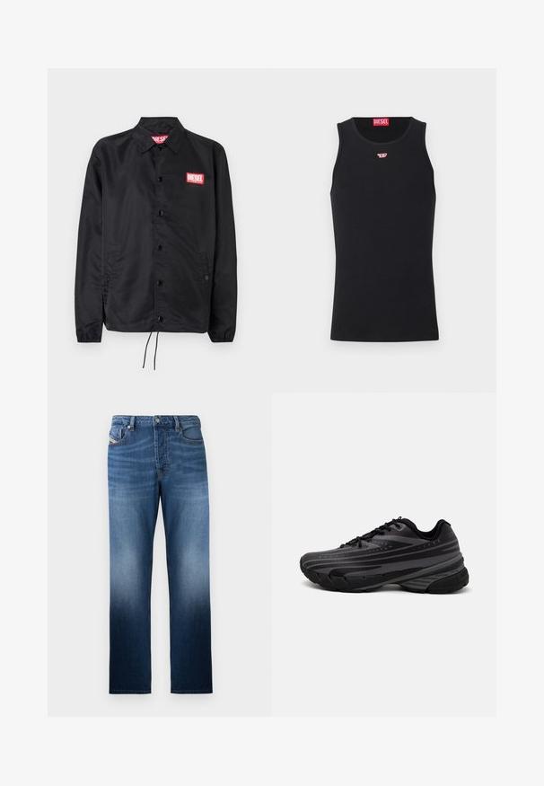 Chaqueta negra hecha de un material suave y ligero, con cierre de botones en el frente, puños elásticos, bolsillos laterales y un parche con el logo rojo de Diesel.; Camisa sin mangas negra de tela suave, con un escote redondo y sisas, y un pequeño logo rojo en el pecho. Diseño sencillo, sin mangas.; Jeans de mezclilla azul oscuro con un diseño de pierna recta, que presenta un efecto de lavado desvanecido. Incluye un cierre frontal con botón y bolsillos.; Zapatilla de running negra con parte superior texturizada que presenta franjas grises. Suela gruesa para amortiguación, puntera redonda y cordones planos para un ajuste seguro.