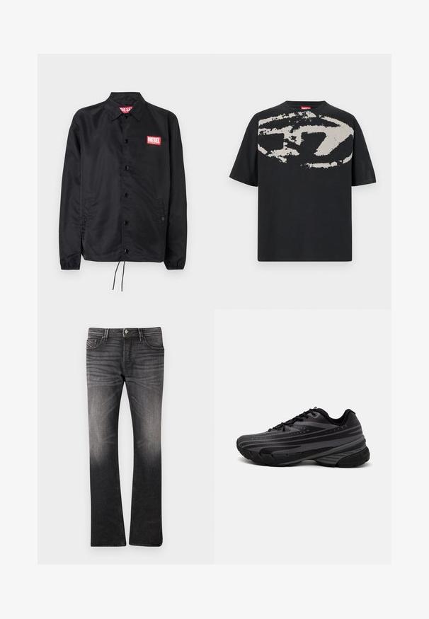 Jaqueta preta feita de material suave e leve, com fecho de botão na frente, punhos elásticos, bolsos laterais e um patch do logótipo vermelho da Diesel.; T-shirt preta com uma grande estampa abstrata cinza claro na frente. Mangas curtas e um decote redondo clássico. Material em algodão.; Jeans de ganga pretos com um padrão ligeiramente desbotado. Design ajustado, perna reta, estilo de cinco bolsos e fecho de botão na cintura.; Shoe de corrida preta com um cabedal texturizado apresentando riscas cinzentas. Sola grossa para amortecimento, bico redondo e atacadores planos para um ajuste seguro.