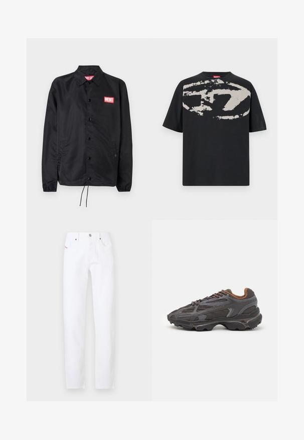 Svart jakke laget av glatt, lett materiale, med knappelukking, elastiske mansjetter, sidelommer og en rød Diesel-logo-patch.; Svart t-skjorte med en stor, abstrakt lysegrå grafikk på forsiden. Korte ermer og en klassisk rund halslinning. Laget av bomull.; Hvite denim jeans med rett passform, som har et klassisk fem-lomme design og metallknapplukking. Minimalistisk stil uten mønstre.; Lacoste-sneakers i mørkegrått med mesh- og syntetisk materiale, med en teksturert såle og brune detaljer på kragen og merket.