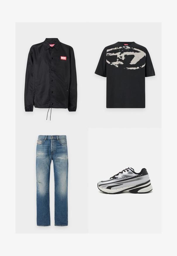 Chaqueta negra hecha de un material suave y ligero, con cierre de botones en el frente, puños elásticos, bolsillos laterales y un parche con el logo rojo de Diesel.; Camiseta negra con un gran gráfico abstracto en gris claro en la parte frontal. Mangas cortas y un cuello redondeado clásico. Material de algodón.; Jeans de mezclilla azul claro con corte recto, que presentan áreas desgastadas y decoloración. Diseño estándar de cinco bolsillos con cierre de botón.; Zapatilla de running con parte superior de malla plateada, acentos negros y suela blanca. Presenta un diseño texturizado y cordones negros. Ligera y acolchada.