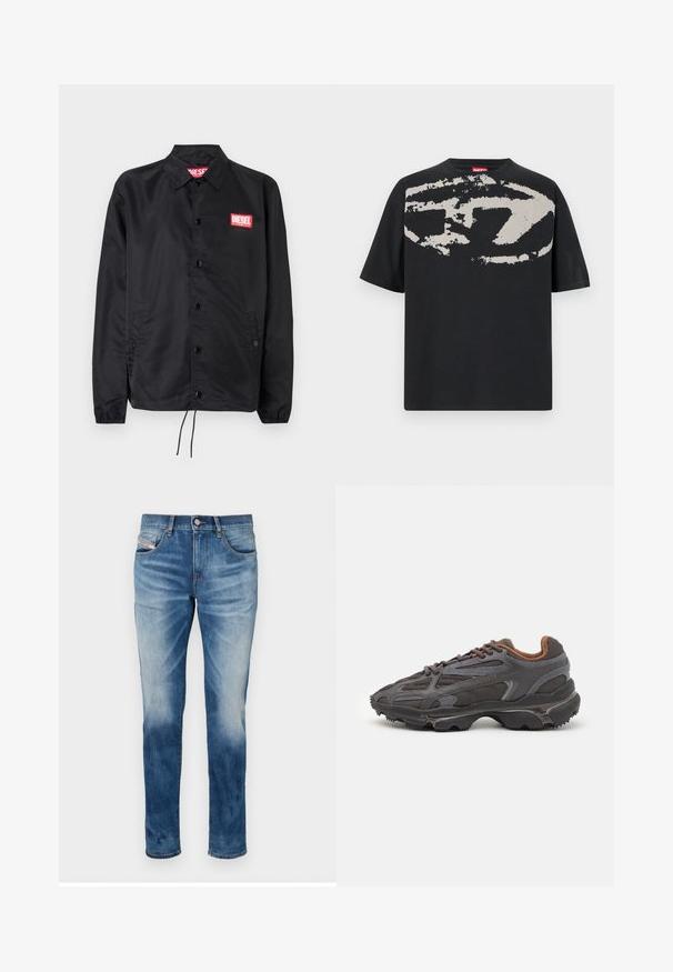 Crna jakna od glatkog, laganog materijala, s prednjim kopčanjem na dugmad, elastičnim manžetama, bočnim džepovima i crvenim Diesel logotipom.; Crna majica s kratkim rukavima s velikim apstraktnim svijetlosivim uzorkom sprijeda. Klasični okrugli izrez. 100% pamučna.; Plave traperice s ravnim krojem, izblijedjelim završetkom, pet džepova i zatvaranjem na metalnu dugmad. Mekana tekstura s minimalnim detaljima.; Lacoste tenisice u tamno sivoj boji s mrežastim i sintetičkim materijalom, s teksturiranom potplatom i smešnim akcentima na ovratniku i brandiranju.