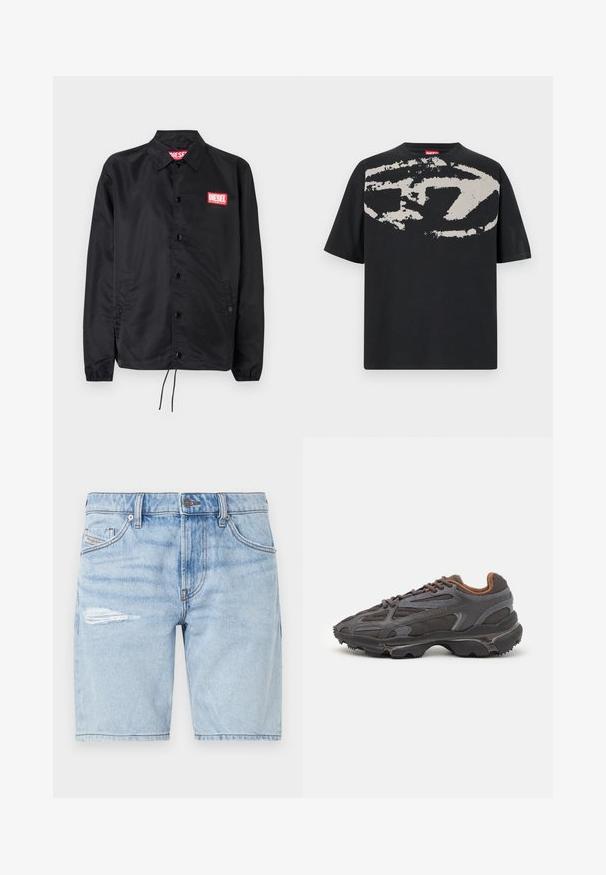 Chaqueta negra hecha de un material suave y ligero, con cierre de botones en el frente, puños elásticos, bolsillos laterales y un parche con el logo rojo de Diesel.; Camiseta negra con un gran gráfico abstracto en gris claro en la parte frontal. Mangas cortas y un cuello redondeado clásico. Material de algodón.; Shorts de mezclilla azul claro con un lavado deslavado, que presentan un detalle rasgado en el muslo izquierdo y un diseño clásico de cinco bolsillos. Cierre de botón metálico.; Zapatillas Lacoste en gris oscuro con material de malla y sintético, que cuentan con una suela texturizada y detalles en marrón en el cuello y la marca.