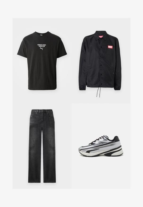Black jacket made of smooth, lightweight material, featuring a button front, elastic cuffs, side pockets, and a red Diesel logo patch.; Black cotton t-shirt with a crew neckline, featuring white printed text "PORSCHE LEAGUE TURBO CLUB" and a small Puma logo below.; Black straight-leg jeans made of denim, featuring five pockets, belt loops, and subtle fading on the fabric for texture.; Running shoe with a silver mesh upper, black accents, and white sole. Features textured design and black laces. Lightweight and cushioned.