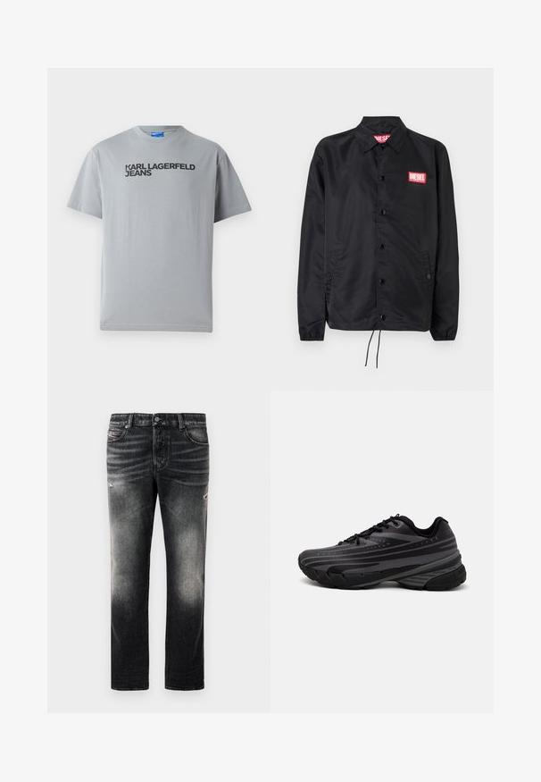 Svart jakke laget av glatt, lett materiale, med knappelukking, elastiske mansjetter, sidelommer og en rød Diesel-logo-patch.; Grå bomulls t-skjorte med korte ermer og rund hals. Svart tekst som sier "KARL LAGERFELD JEANS" på forsiden.; Sorte jeans med en falmet finish og slidte detaljer, standard fem-lomme-design og glidelås foran. Laget av denimstoff.; Svarte joggesko med en teksturert overdel som har grå striper. Tykk såle for demping, rund tå og flate snører for en sikker passform.