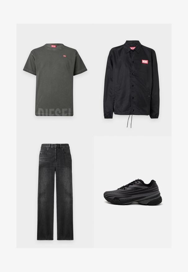 Melnā jaka no gludas, vieglas materiāla, ar pogu aizdari, elastīgām piedurknēm, sānu kabatām un sarkanu Diesel logo uzšuvumu.; Tumši pelēks īsajām piedurknēm Diesel T-krekls ar mazu sarkanu logo uz krūtīm un lielāku, izbalējušu Diesel logo tuvu apakšējai apmalei.; Melni taisni denim džinsi ar piecām kabatām, jostu cilpām un viegli izbalējušu audumu, kas piešķir struktūru.; Melnas skriešanas kurpes ar teksturētu virsu, kurai ir pelēkas svītras. Biezs zole nodrošina amortizāciju, apaļa purngalu un plakanas šņorītes, lai nodrošinātu drošu piegulšanu.
