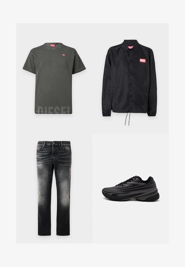 Černá bunda z hladkého, lehkého materiálu, s knoflíkovou přední částí, elastickými manžetami, bočními kapsami a červenou nášivkou Diesel logo.; Tmavě šedé tričko s krátkým rukávem Diesel se malým červeným logem na hrudi a větším vybledlým logem Diesel blízko dolního lemu.; Černé džíny s vybledlým vzhledem a odřenými detaily, standardní design s pěti kapsami a zipovým zapínáním. Vyrobeny z džínové látky.; Černá běžecká bota s texturovaným svrškem zdobeným šedými pruhy. Silná podešev pro odpružení, kulatá špička a ploché tkaničky pro bezpečné uchycení.