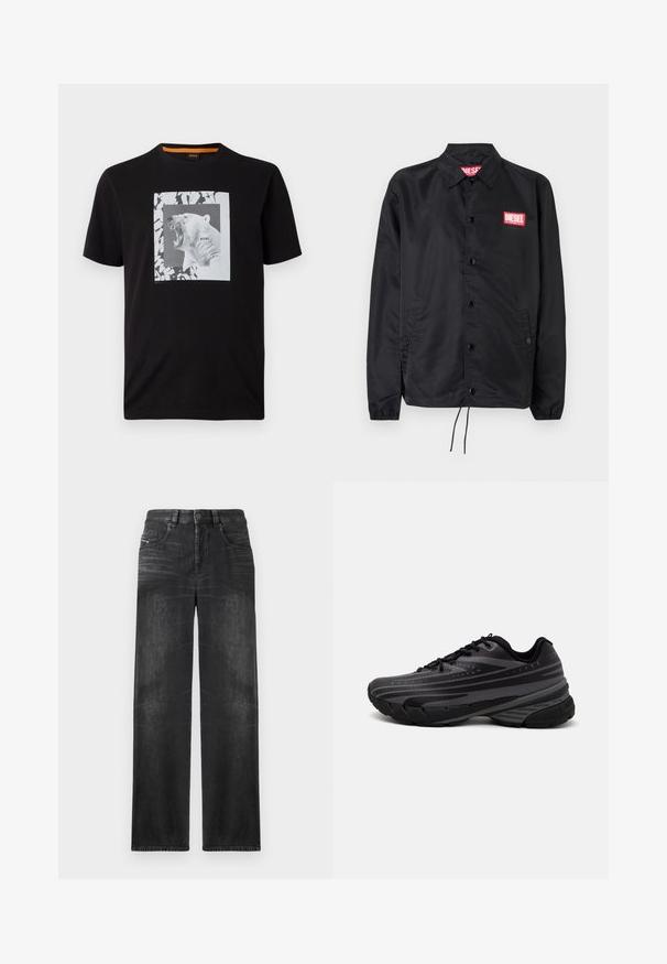 Musta takki, joka on valmistettu sileästä, kevyestä materiaalista. Takissa on nappiaukko, joustavat hihansuut, sivutaskut ja punainen Diesel-logo-patch.; Musta puuvillapaita, jossa on valkoinen graafinen kuva karjuvasta jääkarhusta neliön sisällä, ja sanaleikki "BOSS" painettuna siihen.; Mustat suoralahkeiset farkut, jotka on valmistettu denimestä, viidellä taskulla, vyölenkeillä ja ohenneilla alueilla kankaan rakenteen vuoksi.; Mustat juoksukengät, joissa on tekstuuri päällä ja harmaat raidat. Paksu pohja pehmustetta varten, pyöreä varvasosa ja tasaiset nauhat turvallista istuvuutta varten.