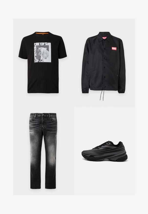 Musta takki, joka on valmistettu sileästä, kevyestä materiaalista. Takissa on nappiaukko, joustavat hihansuut, sivutaskut ja punainen Diesel-logo-patch.; Musta puuvillapaita, jossa on valkoinen graafinen kuva karjuvasta jääkarhusta neliön sisällä, ja sanaleikki "BOSS" painettuna siihen.; Mustat farkut, joissa on haalistunut pinta ja kulutettuja yksityiskohtia, tavallinen viisi-taskuinen malli ja vetoketjusulku. Valmistettu farkkukankaasta.; Mustat juoksukengät, joissa on tekstuuri päällä ja harmaat raidat. Paksu pohja pehmustetta varten, pyöreä varvasosa ja tasaiset nauhat turvallista istuvuutta varten.