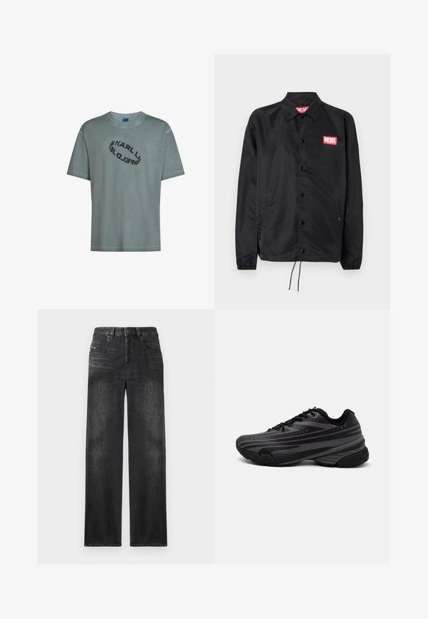 Must must, misasest kergest ja siledast materjalist, nupuvälinge, elastsete mansettide, küljetaskute ning punase Diesel logo plaastriga.; Heleda teal värvi puuvillane T-särk, millel on mugav lõige. Rinnal on must ovaalne logo, millel on kiri "KARL LAGERFELD". Lühikesed varrukad.; Mustad sirgedega teksad, millel on viis taskut, vööst sõlmimiskohad ja õrn kulumine kangas, andes tekstuuri.; Mustad musta jooksujalats, mille tekstureeritud ülemine osa on hallide triipudega. Paks tallaga mugavuse tagamiseks, ümar varvas ja tasased paelad kindla istuvuse saavutamiseks.