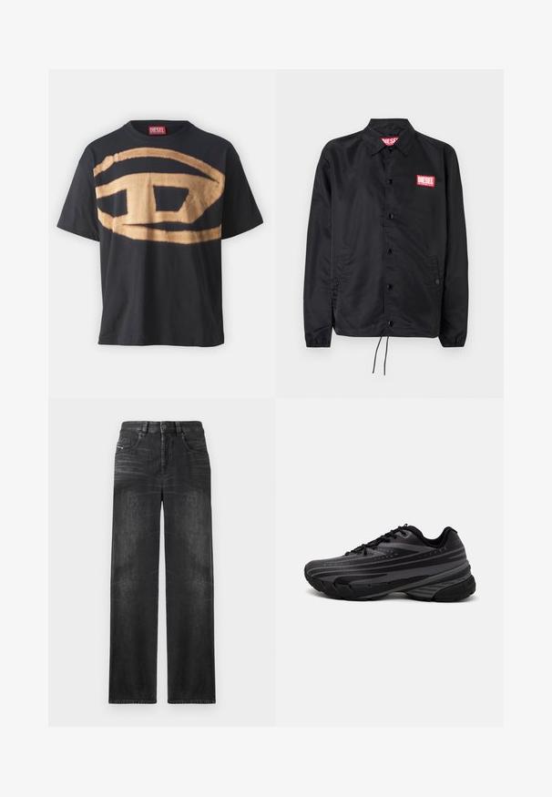 Juoda striukė, pagaminta iš lygaus, lengvo medžiagų, su mygtukų priekyje, elastinėmis rankovėmis, šoninėmis kišenėmis ir raudonu "Diesel" logotipo ženkleliu.; Juodas medvilninis marškinėliai su dideliu smėlio spalvos logotipo dizainu priekyje. Atsipalaidavęs kirpimas, apvaliu kaklu ir trumpomis rankovėmis.; Juodos tiesios kojų džinsai, pagaminti iš džinsinio audinio, su penkiomis kišenėmis, diržo kilpomis ir švelniu audinio blukimu, kuris suteikia tekstūrą.; Juodas bėgimo batelis su tekstūruotu viršumi, kuriame yra pilkos juostos. Storas padas amortizacijai, apvalus pirštas ir plokščios raištelės tvirtam prigludimui.