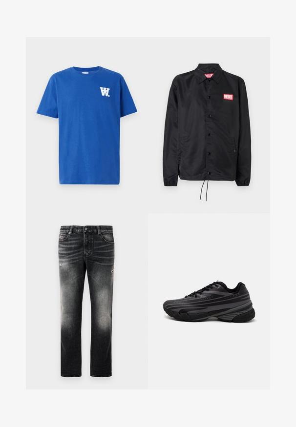 Svart jakke laget av glatt, lett materiale, med knappelukking, elastiske mansjetter, sidelommer og en rød Diesel-logo-patch.; Blå bomull t-skjorte med rund hals, korte ermer og en hvit logo på venstre brystområde. Myk tekstur og standard passform.; Sorte jeans med en falmet finish og slidte detaljer, standard fem-lomme-design og glidelås foran. Laget av denimstoff.; Svarte joggesko med en teksturert overdel som har grå striper. Tykk såle for demping, rund tå og flate snører for en sikker passform.