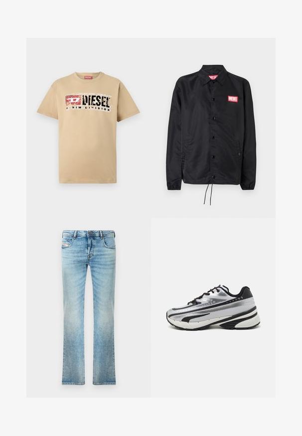Must must, misasest kergest ja siledast materjalist, nupuvälinge, elastsete mansettide, küljetaskute ning punase Diesel logo plaastriga.; Bež puuvillane T-särk, millel on kulunud grafiti prindiga "DIESEL" ja "DENIM DIVISION" mustas ja punases värvitoonis. Klassikalised lühikesed varrukad ja ümmargune kaelus.; Heled sinise denimist teksapüksid sirge jala lõikega, viie taskuga disain ja kerge kulumine. Sisaldab metallnuppu ja luku sulgemist.; Jooksujalats, millel on hõbedane võrgust pealmine osa, mustad aktsendid ja valge tallaga. Omab tekstuurilist disaini ja musti paelu. Kerge ja pehmendusega.