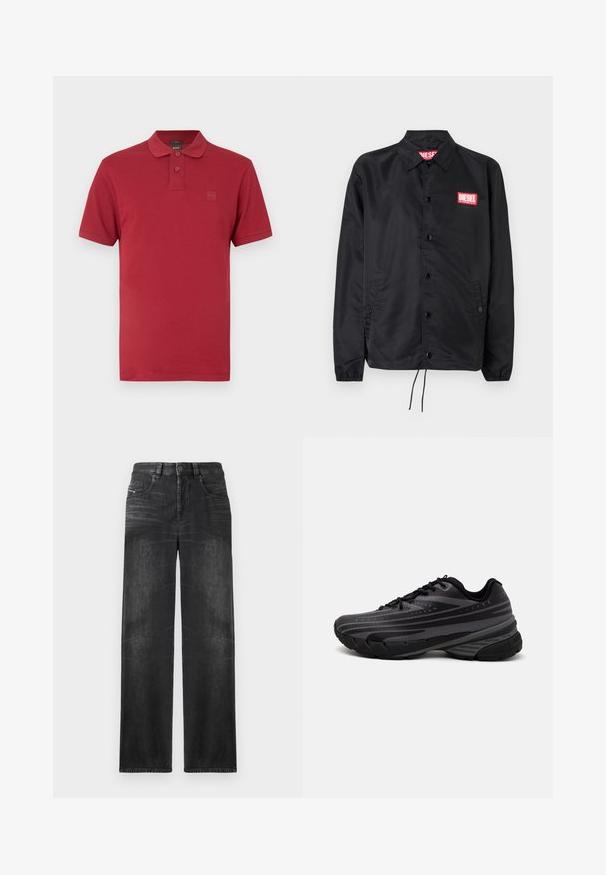 Jachetă neagră dintr-un material neted și ușor, cu închidere prin butoane, manșete elastice, buzunare laterale și o etichetă roșie cu logo-ul Diesel.; Tricou polo roșu, croială slim, cu mâneci scurte, doi nasturi pe fenta frontala și un logo mic în relief pe partea stângă a pieptului.; Jeans negri cu picioare drepte, fabricate din denim, având cinci buzunare, bucle pentru curea și o ușoară decolorare pe material pentru textură.; Pantof de alergare negru cu un superior texturat, având dungi gri. Talpă groasă pentru amortizare, vârf rotund și șireturi plate pentru o potrivire sigură.