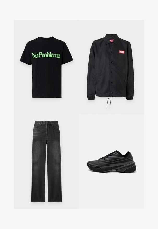 Sort jakke lavet af glat, let materiale, med knaplukning fortil, elastiske manchetter, sidelommer og et rødt Diesel-logo patch.; Sort bomulds T-shirt med et grønt pixeliseret grafisk tekst "No Problemo" på fronten. Korte ærmer og en rund halsudskæring.; Sorte straight-leg jeans lavet af denim, med fem lommer, bæltestropper og subtil falmning på stoffet for tekstur.; Sort løbesko med en struktureret overdel og grå striber. Tykk sål for støddæmpning, rund tå og flade snørebånd for et sikkert fit.