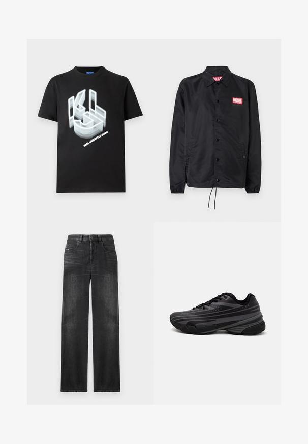 Črna jakna iz gladkega, lahkega materiala, z gumbnim zapiranjem, elastičnimi manšetami, stranskimi žepi in rdečim logotipom Diesel.; Črna bombažna majica s grafičnim logotipom v beli barvi, ki ustvarja iluzijo globine, in besedilom "KARL LAGERFELD JEANS" pod logotipom.; Črne ravne kavbojke iz denima, ki imajo pet žepov, pasne zanke in subtilno zbledelost na tkanini za teksturo.; Črne tekaške copate z teksturiranim zgornjim delom, ki ima sive črte. Debel podplat za blaženje udarcev, okrogla konica in ravne vezalke za varen oprijem.