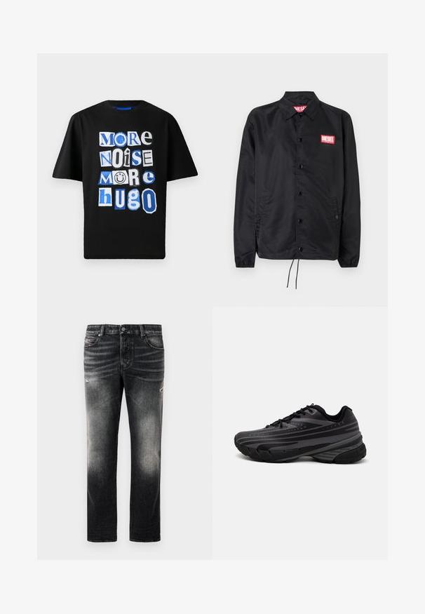 Black jacket made of smooth, lightweight material, featuring a button front, elastic cuffs, side pockets, and a red Diesel logo patch.; Black cotton t-shirt featuring bold graphic text in various fonts and shades of blue and white, arranged playfully across the front.; Black jeans featuring a faded finish with distressed accents, standard five-pocket design, and a zip-fly closure. Made of denim fabric.; Black running shoe with a textured upper featuring gray stripes. Thick sole for cushioning, round toe, and flat laces for secure fit.